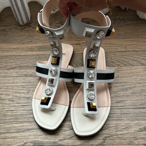 Fendi White and Black Crystal-Embellished T-Strap Sandals